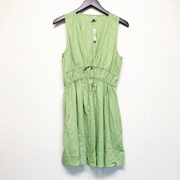 NWT MADEWELL Linen Sophia Deep V Mini Seedling Green Dress Medium - Image 4
