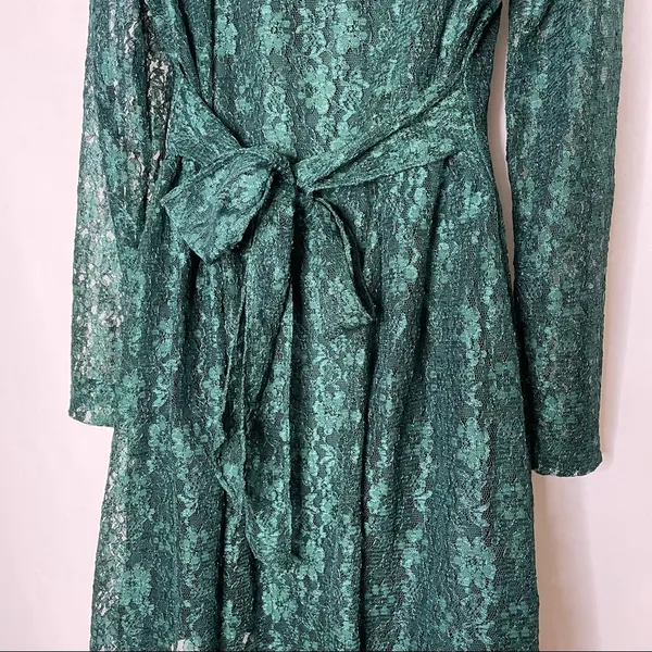 Vintage Green Lace Skater Dress Keyhole‎ Long-Sleeve Tie-Back Bow Christmas - Image 7