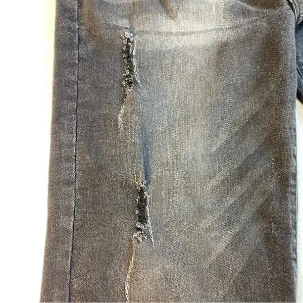 Risen Wide Ankle Flare Jeans Black 38”x28” Mid Rise‎ Distressed Raw Hem Stretch - Image 4