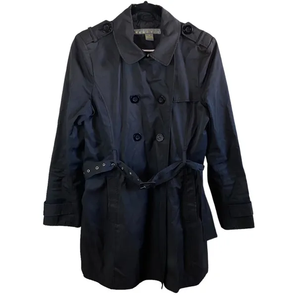 Kenneth Cole Reaction Black Trench‎ Coat Medium Belted Double Breasted - Image 2