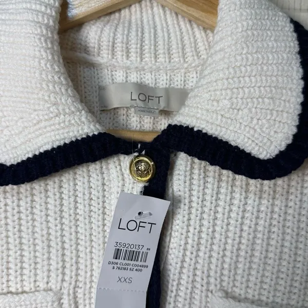 Loft tipped ribbed sweater‎ jacket cream navy blue trim xxs - Image 7