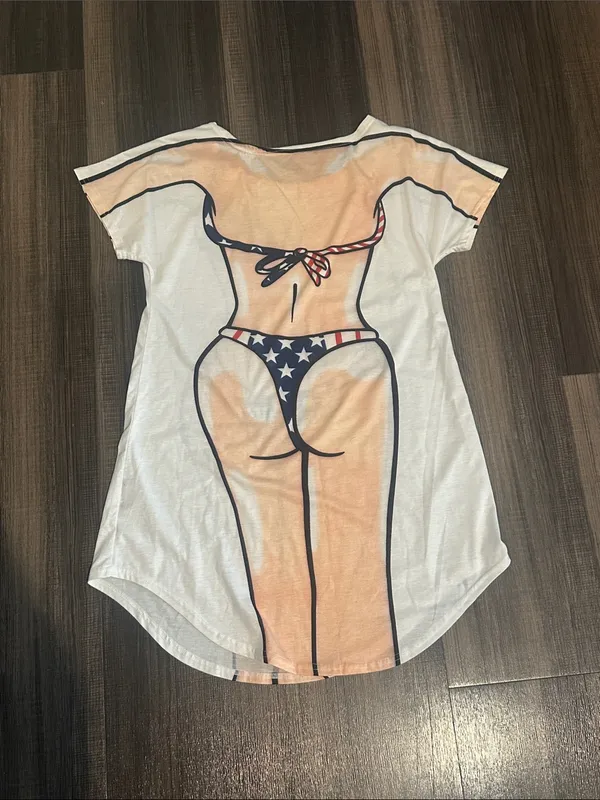 Women’s Graphic Tee with American Flag Bikini Print - White - Image 3