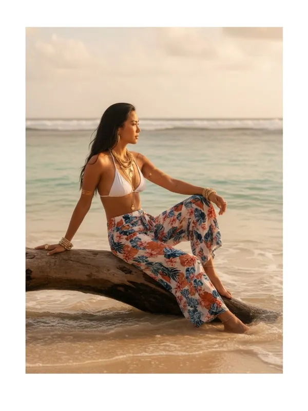 Roxy ✿ Saturated Floral Print Wide Leg Beach Pants ✿ Red White + Blue ✿ Small - Image 11