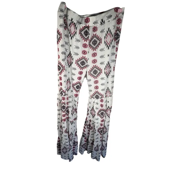Marigold Kiss Women’s Flare Pants L Geometric Print White Pink Black Gray - Image 3