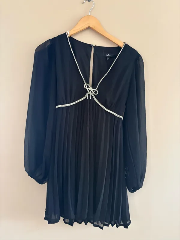 Lulus Stylish Shine Black Rhinestone Bow Long Sleeve Mini Dress Size small - Image 4
