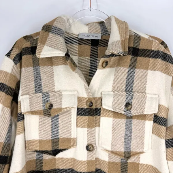 Wanna B Me Plaid Shacket Brown Cream Tan‎ Button Front Size L - Image 2