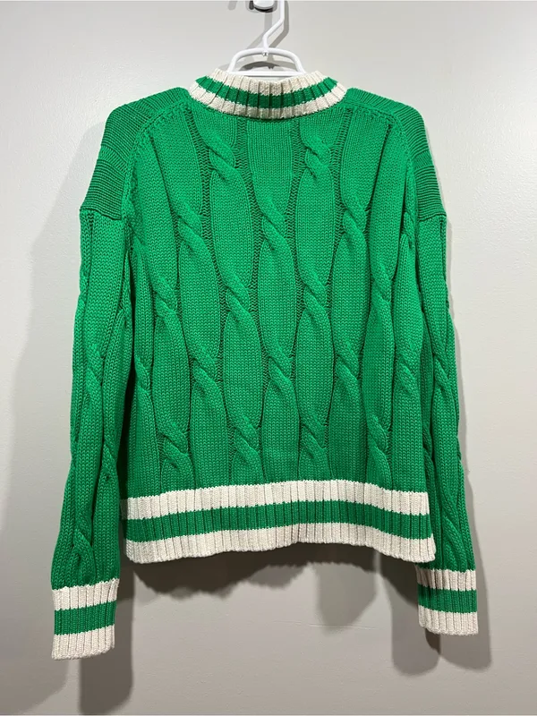 Aerie Green Cable-Knit V-Neck Sweater with Ivory Trim Size Small - Image 6