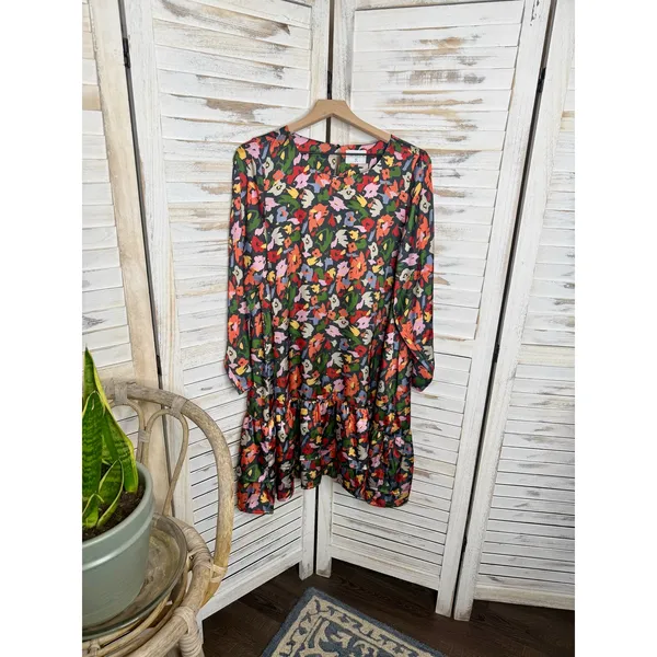 COMPANIA FANTASTICA Women's XL Satin Multicolor Floral Shift Dress Ruffle Hem - Image 14