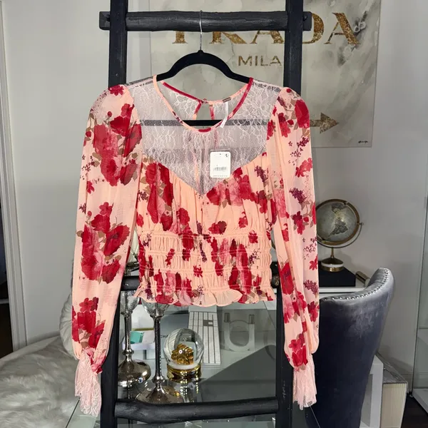 Free People Daphne Floral Lace Smocked Long Sleeve Blouse Romantic Combo Size XS - Image 2