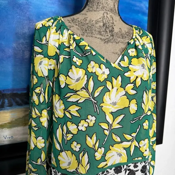 Karen Kane Green/Yellow Citrus Floral Chiffon Peasant Tunic Top SMALL Cottage - Image 4
