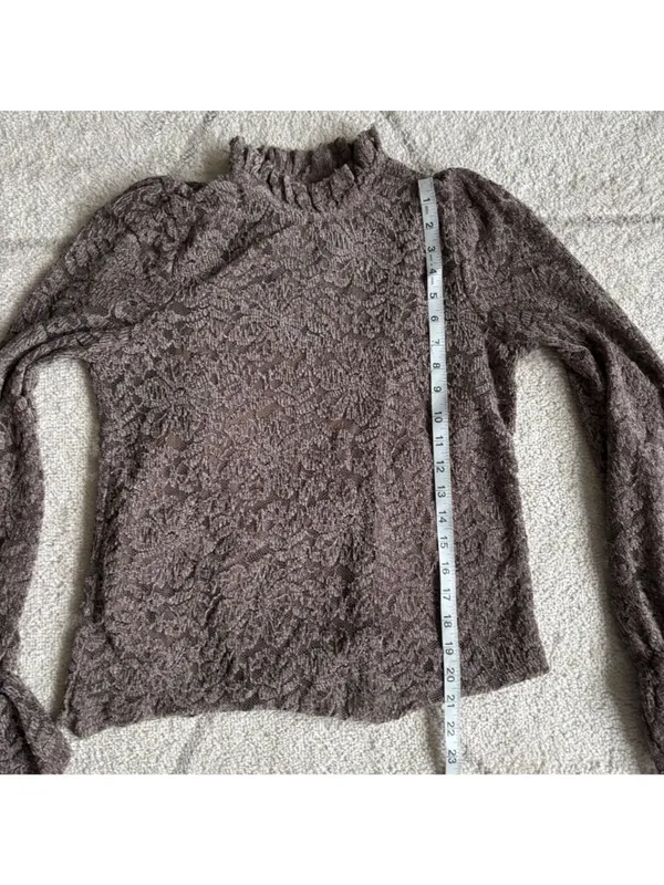 Eri + Ali Anthropologie Brown Floral Lace Blouse Ruffle High Neck Bell Sleeve - Image 3