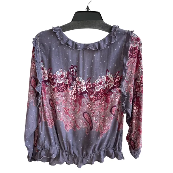 Free People Blouse Womens Medium Purple Boho‎ Paisley Floral Ruffle Peplum Top - Image 4