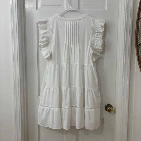 Free The Roses White Cotton Tiered Mini Dress S Ruffle Pintuck Boho Coastal Rush - Image 3