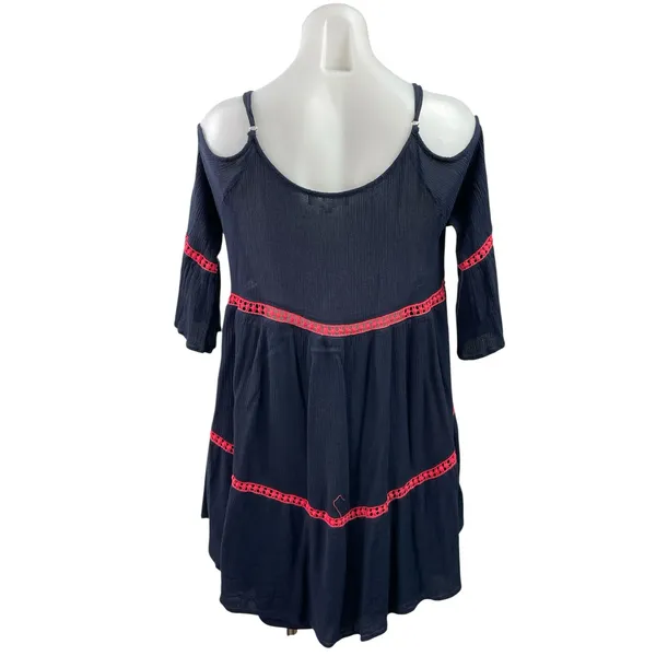 Entro Navy Blue Red Tassel Cold Shoulder Lace Boho A Line Mini Dress Size M - Image 3