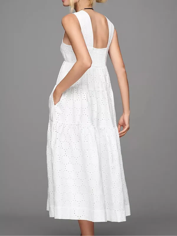 By Anthropologie Women’s Square Neck Eyelet White Lace Tiered Midi Dress Sz XXS - Image 5