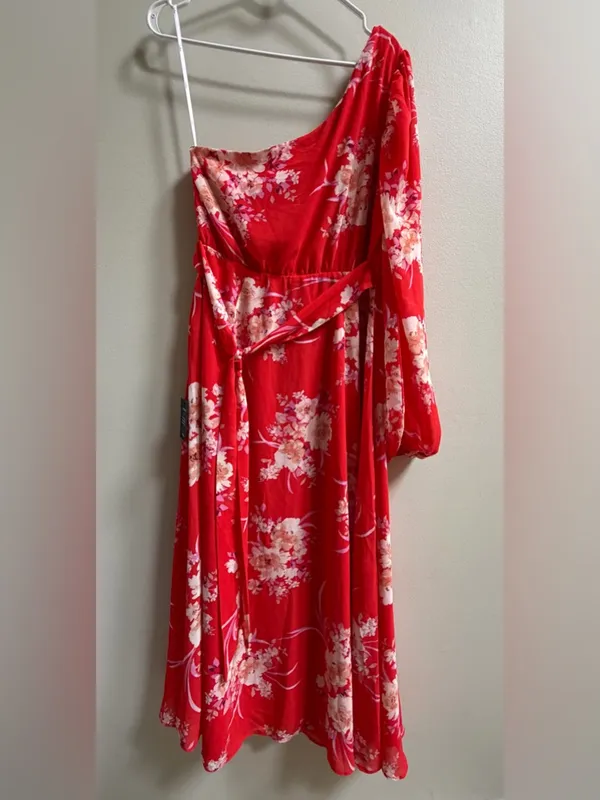 NEW Lulus Brunch Besties Red Floral One Shoulder Midi‎ Graduation Wedding Dress - Image 12