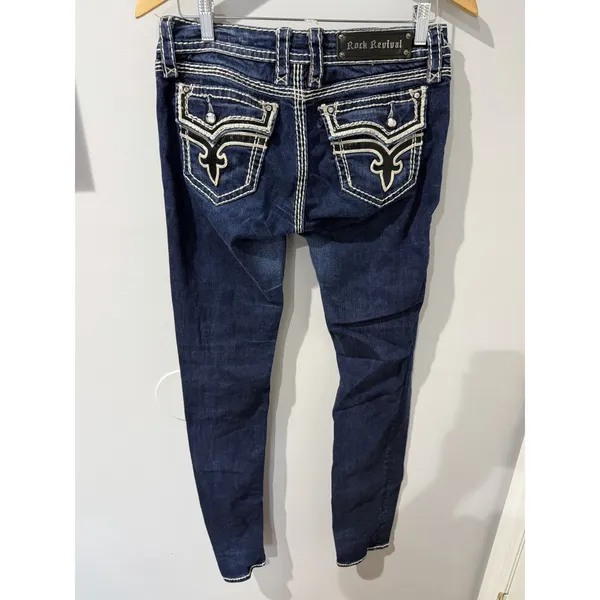 Rock Revival Kai Straight Jeans Dark Blue Denim Embroidered Flap Pockets Size 29 - Image 5