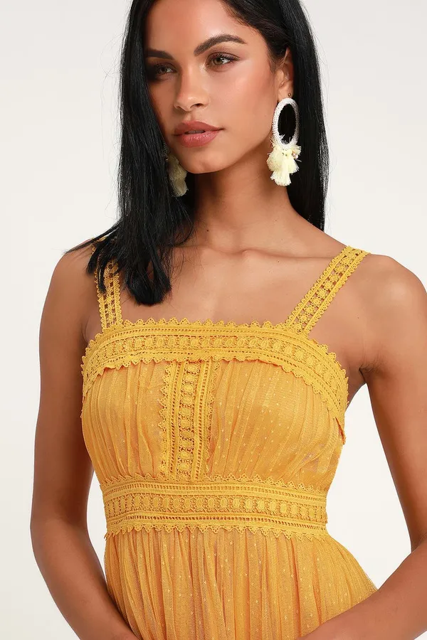 Lulus NWT Forever Love Golden Yellow Swiss Dot Sleeveless Dress - L - Image 3