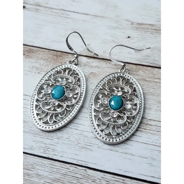 Silver Tone Ornate Dangle with Turquoise Tone & Clear Gems Large - New - Image 2