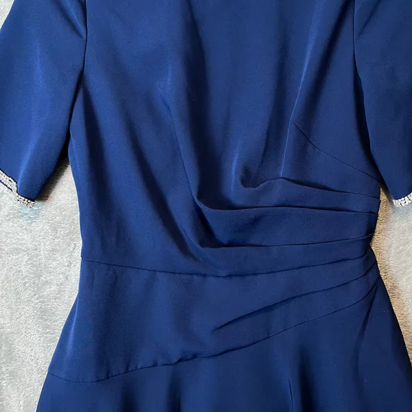 Kay Unger Navy Blue Fit & Flare Dress Elegant Draped Bodice Rhinestone Trim Sz 4 - Image 3
