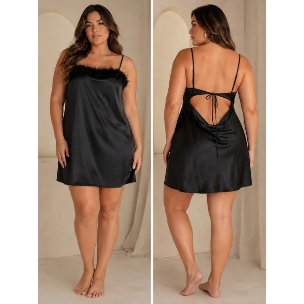 Thirty/Thirty LA Black Satin Feather Trim Mini Dress Open Back‎ Tie XL - Image 2