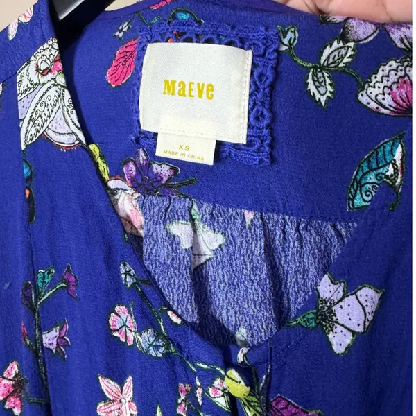 Maeve Anthropologie Floral Butterfly‎ Mini Dress Blue V-Neck Smocked Waist XS - Image 4