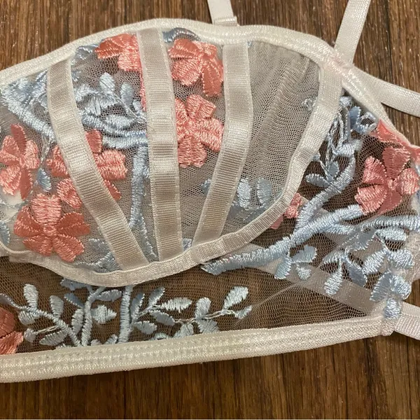 Shein Womens Bra Bralette S Small 34” Beige Sheer Pink & Blue Embroidered Floral - Image 2