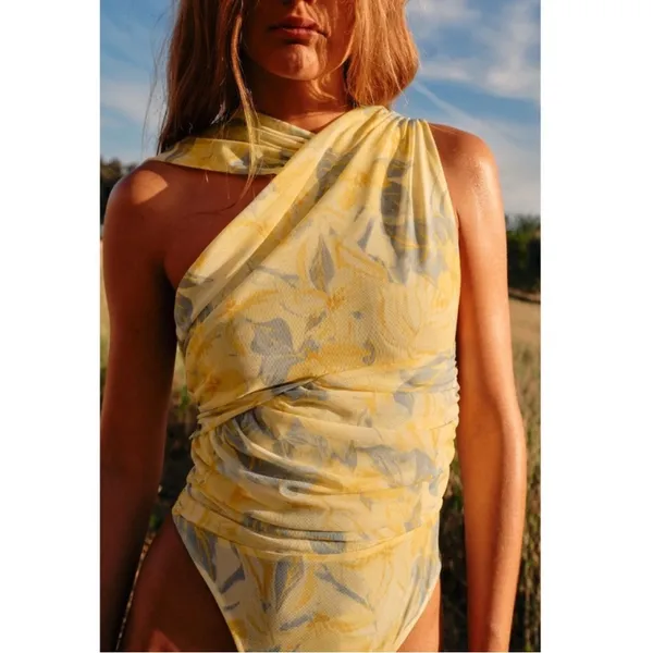 Draped Asymmetrical Yellow Floral Tulle bodysuit - Image 4