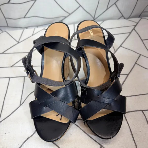 Express Wedge Sandals 10 Black Cork Platform‎ Strappy Buckle Heels nwt - Image 6