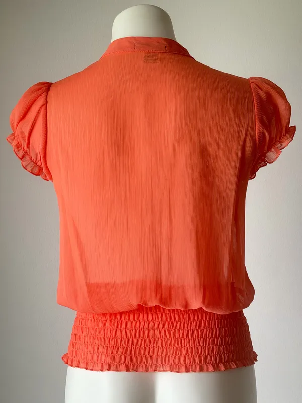 Y2K Coral Ruffled Trim Short Sleeve Sheer Blouse - Image 4