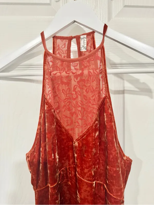 Intimately Free People XS Rust Crushed Velvet Halter Mesh Slip Mini Dress Boho - Image 7