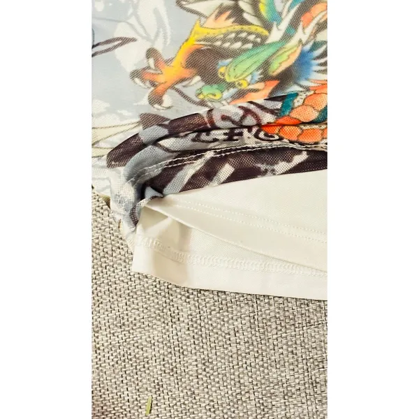 Ed Hardy Tattoo print side tie White mesh dragon paisley mini short skirt sz Med - Image 7