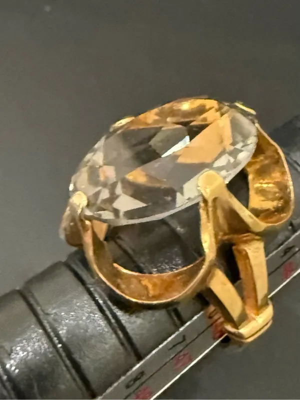 Vintage 18KT Electroplated Gold Oval Smoky Quartz Glass Cocktail Ring Size 4 - Image 6