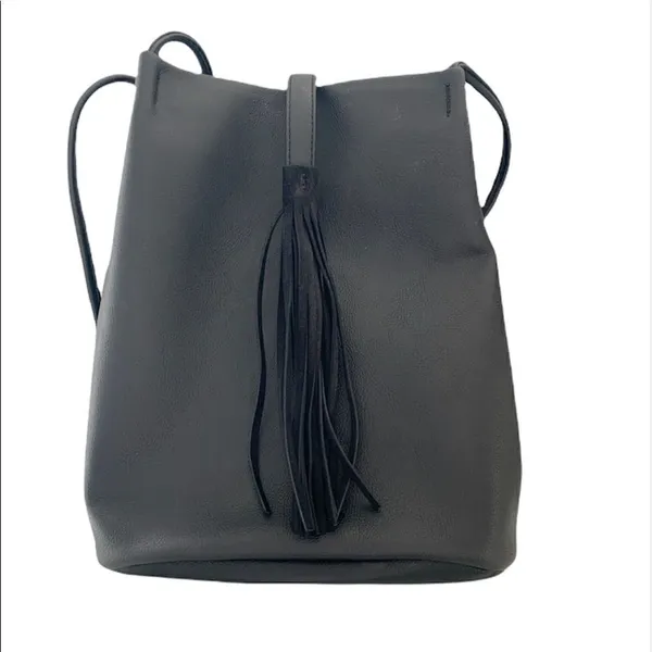Lucky Brand Black Vegan Leather Tassel Tote Double Handle Bucket Bag - Image 3