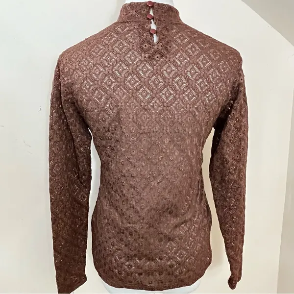 Manuela Semi Sheer Brown Lace/ Crochet Mock Neck Long Sleeve Top S - Image 3