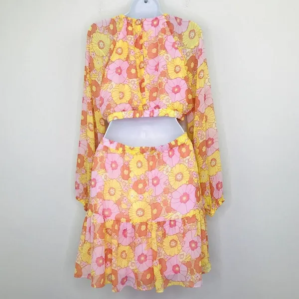 Steve Madden Cadi Floral Mini Dress Pink Yellow Long Sleeve Cutout Size M NWT - Image 6