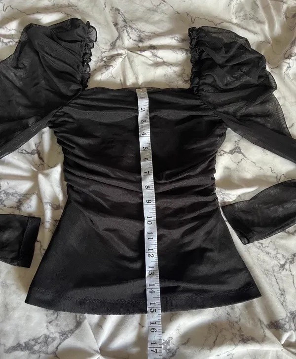 Francesca's Black Sheer Puff Sleeve Ruched Top - Image 4