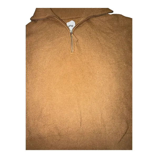 Aerie CozyUp Waffle Knit Quarter Zip Sweater Cappuccino Brown Medium Oversized - Image 2