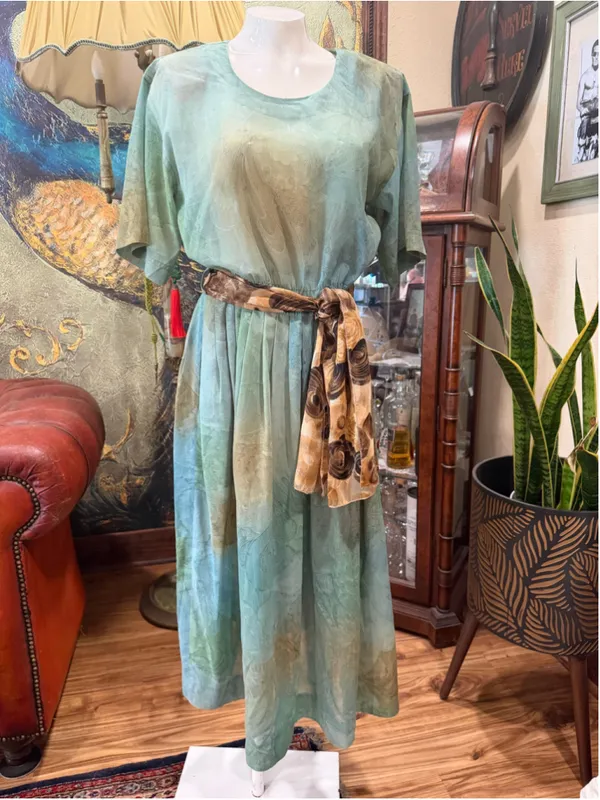 Vintage 80s 90s Bohemian Earthy Green Paisley Midi Dress with Tie Waist S M - Image 3