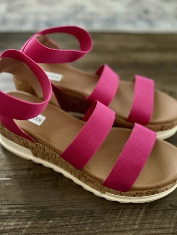 Steve Madden Bandi Fuchsia Pink Elastic Strap Cork Platform Wedge Sandals Sz 9.5 - Image 2