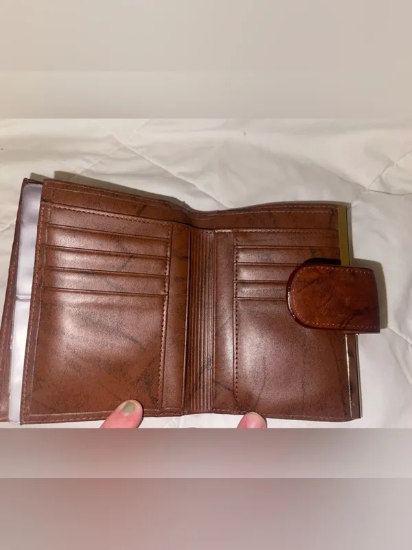 Buxton Cowhide Brown Leather Snap Wallet with Embossed Floral Logo - Image 9