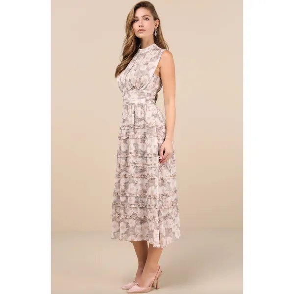 Lulus Happily Sweet Beige Floral Mock Neck Backless Midi Dress Cocktail S NWT - Image 3