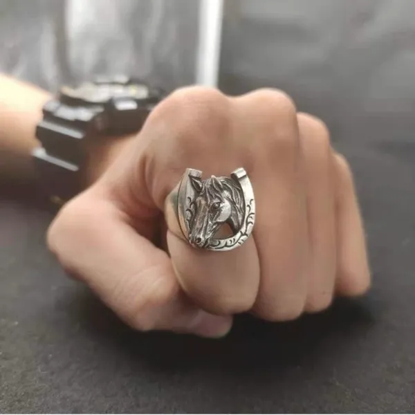 925 Silver Plated Horse Ring for Men Women,Punk Hip Hop Ring - Image 4