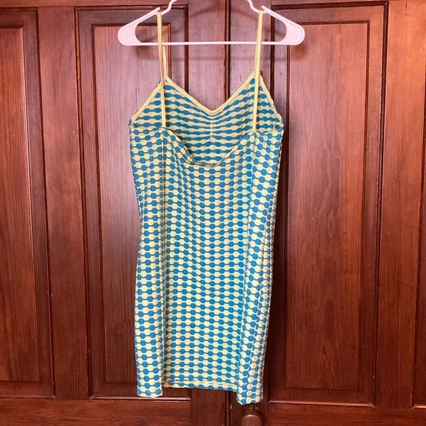 Mango New Cami Bodycon Waffle Textured Mini Sleeveless Dress Blue Yellow Size 10 - Image 2