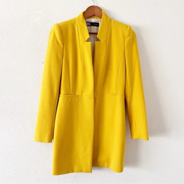 Zara Yellow Mustard Gold Inverted Lapel Minimalist Chic Longline Blazer Coat - Image 4