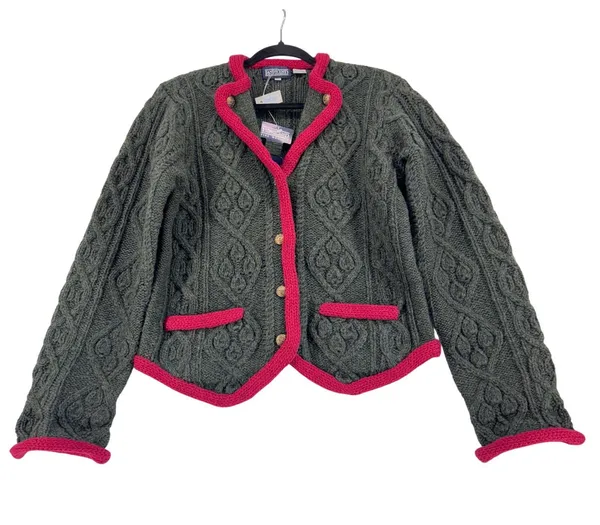 Lands’ End Vintage Shetland Wool Cardigan Green Pink Trim Cable Knit Jacket L - Image 4