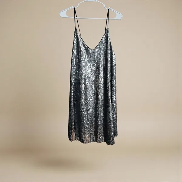 NWT‎ Zara Women's Small Sequin Spaghetti Mini Slip A-line Dress Silver Sparkle - Image 2