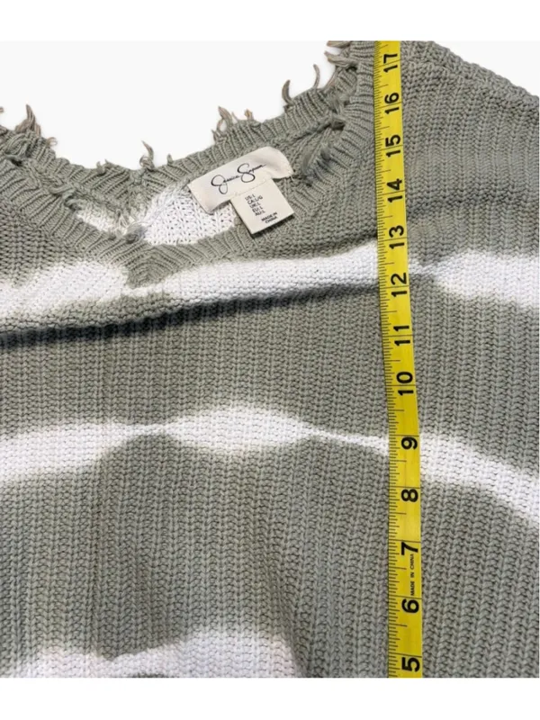 Women's Jessica Simpson Distressed Knit Sweater Green White Striped Size L - Image 4