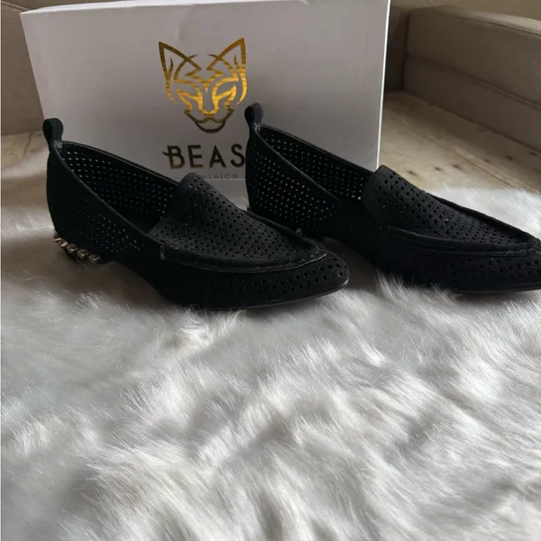 Beast Fashion Black Suede Perforated Studded Loafers NWB - Image 2