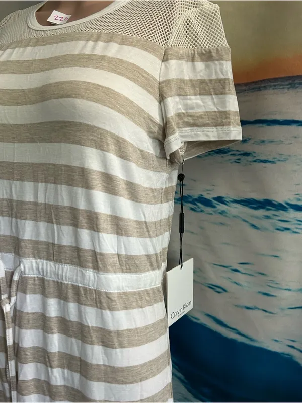 Calvin Klein Beige & White Striped Knit Dress with Mesh Yoke SZ 8 NWT - Image 3